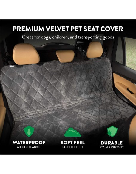 Plush Paws Products Velvet Rear Car Seat Protector w/Hammock | Washable & Waterproof Back Seat Dog Cover | Car, Truck, & SUV | Nonslip, Tear Resistant Pet Seat Cover | Regular London Grey