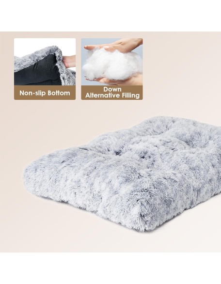 Fluffy Dog Crate Pad, Plush Faux Fur Dog Bed for Extra Large Dogs, Calming Anti Anxiety XL Dog Bed for Crate, Washable Soft Warm Dog Crate Mat with Non-Slip Bottom, Grey