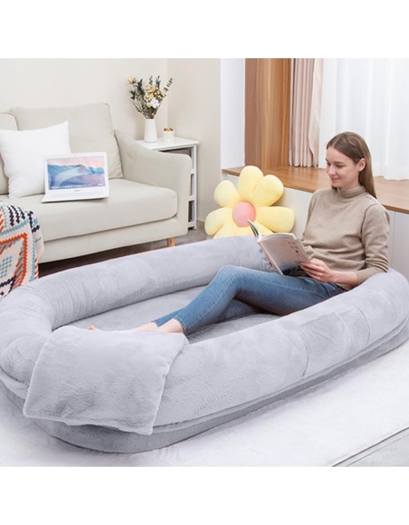 Ultra-Soft Human Size Dog Bed for People and Pets; 77”x51”x11” Extra Large Dog Bed with Raised Cushioned Rim, Removable Cover, Waterproof Lining and Bonus Blanket (77"x51"x11", Grey)